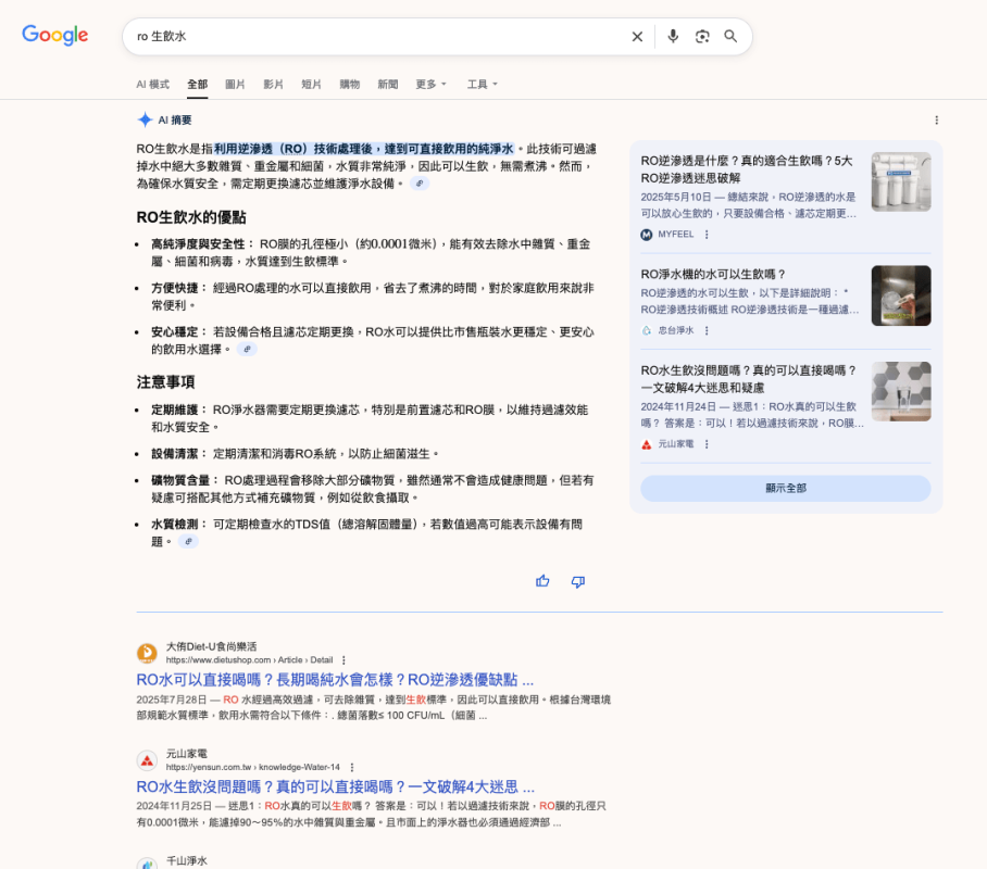 搜尋「ro 生飲水」元山家電頁面出現在 AIO 結果,同時也是自然搜尋結果第二名。